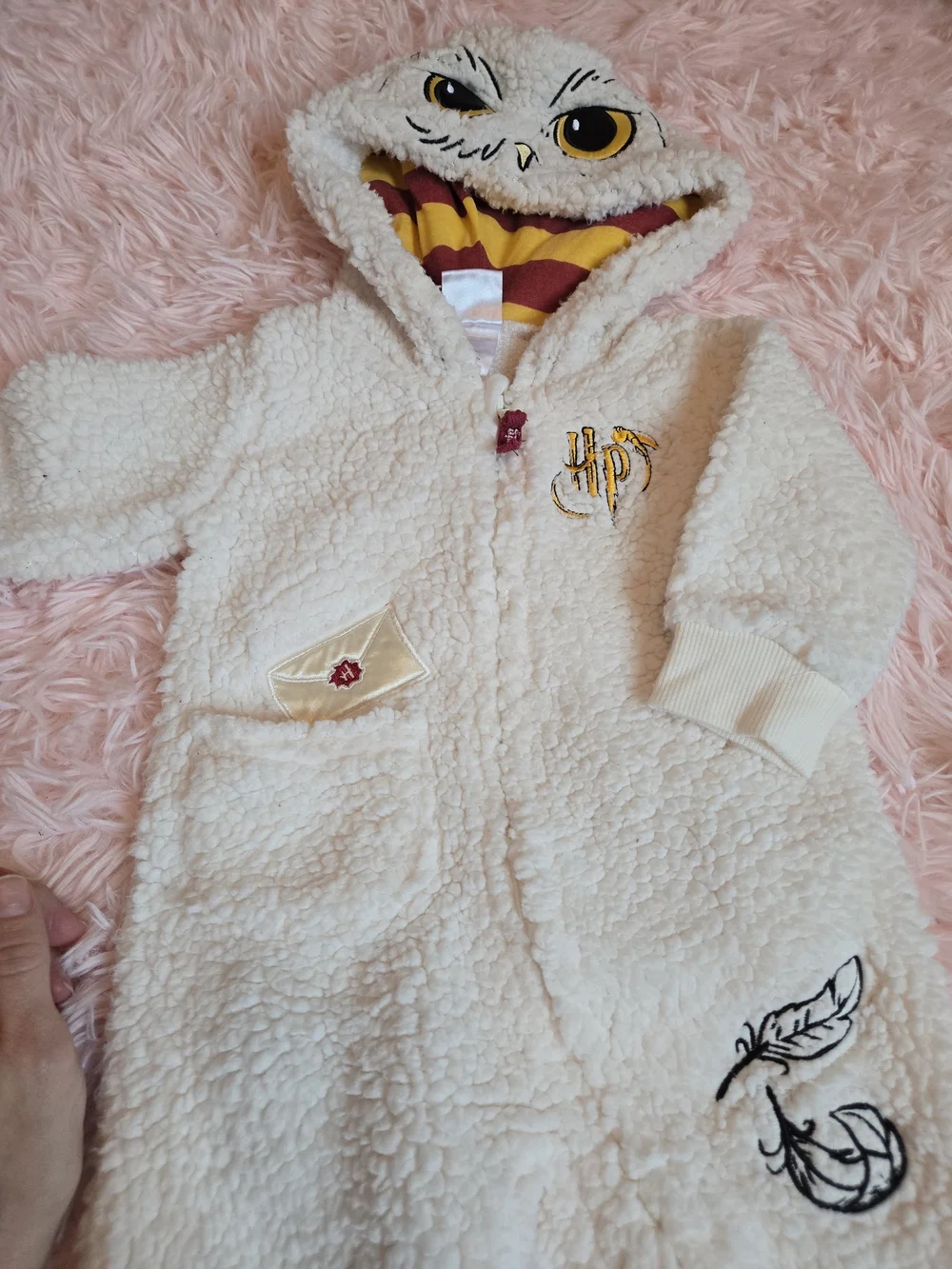 Harry Potter Infant Cream Sherpa One-Piece Romper with Owl Hood